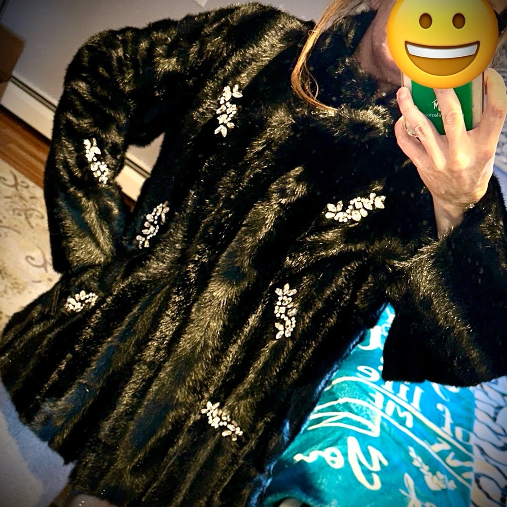 Glamorous Black Faux Fur Car Coat with crystal Embellishments. by Dennis Basso.